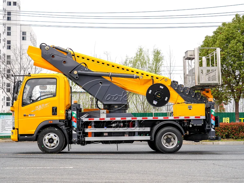 Yellow Heavy-duty truck with 35-meter Aerial Working Platform Truck
