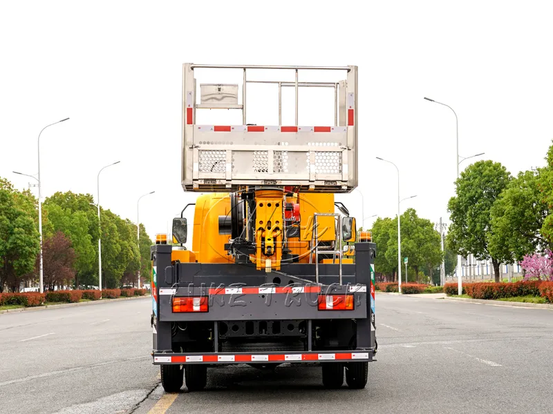 Yellow Heavy-duty truck with 35-meter Aerial Working Platform Truck