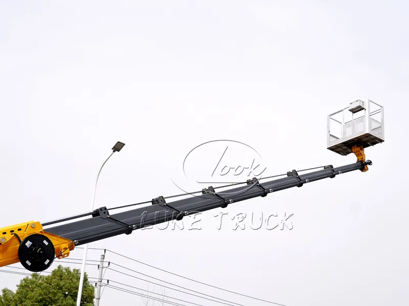 Yellow Heavy-duty truck with 35-meter Aerial Working Platform Truck