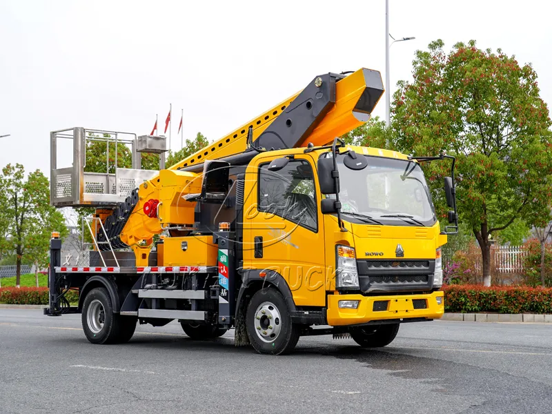 Yellow Heavy-duty truck with 35-meter Aerial Working Platform Truck