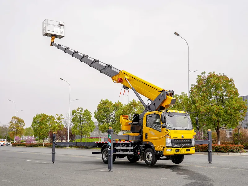 Yellow Heavy-duty truck with 35-meter Aerial Working Platform Truck