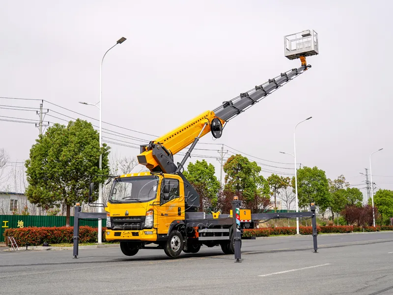 Yellow Heavy-duty truck with 35-meter Aerial Working Platform Truck