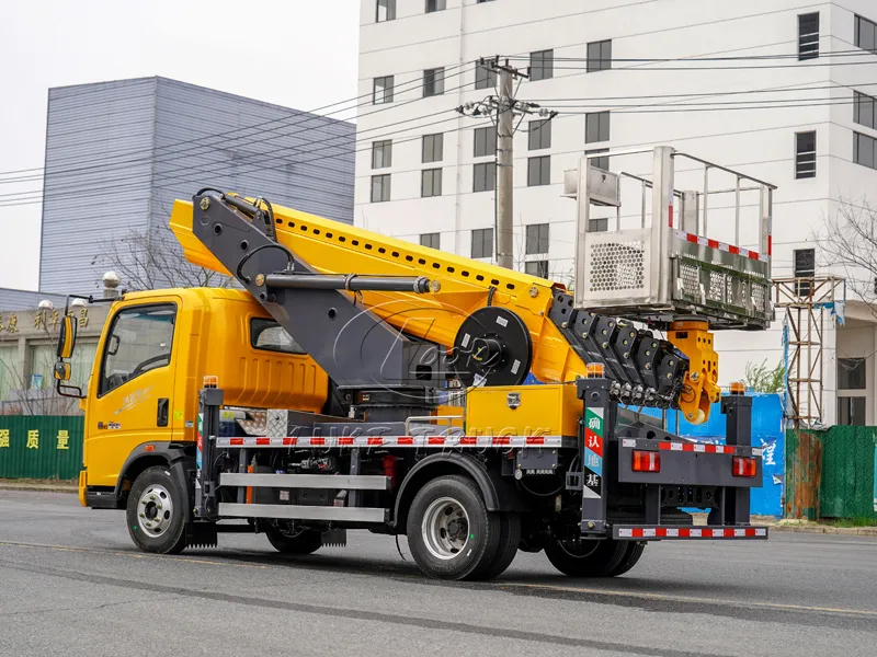 Yellow Heavy-duty truck with 35-meter Aerial Working Platform Truck