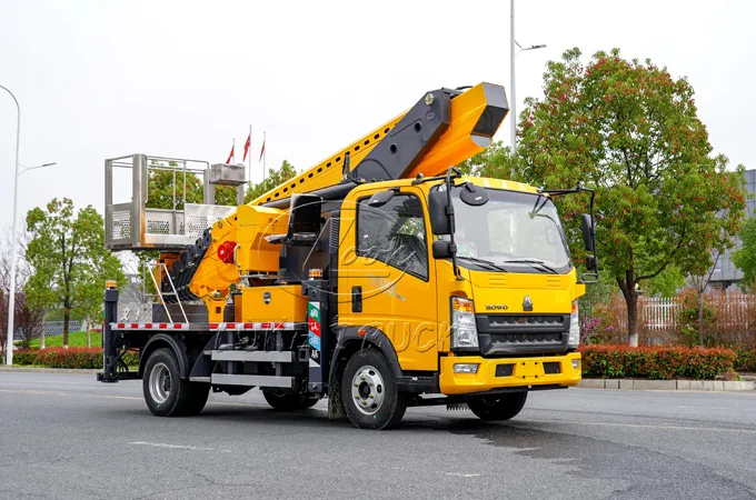 Yellow Heavy-duty truck with 35-meter Aerial Working Platform Truck