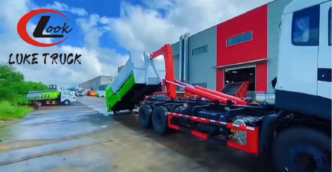 The Dongfeng Tianlong rear tandem axle hook lift garbage truck, custom ordered by an African client